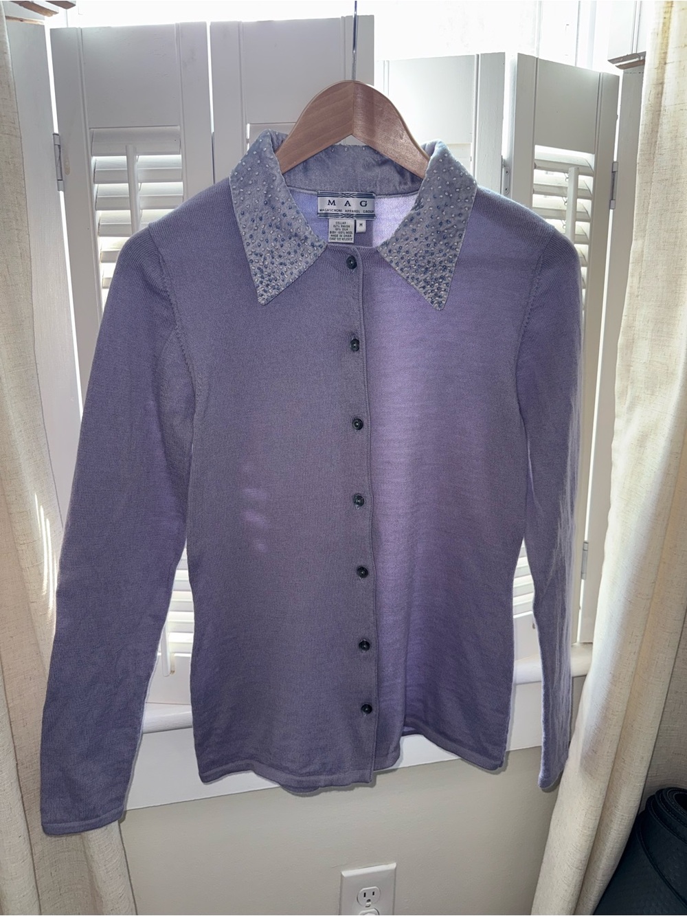 Magaschoni Lavender Wool Cardigan Beaded rayon silk  Collar Vintage Y2K - Picture 10 of 17